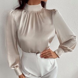 Classic Cream High Neck Satin Top Work Minimalist